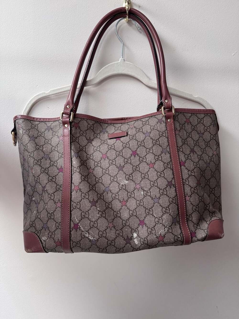 Gucci GG Supreme Joy Star Tote Bag with Pink Leather Trim